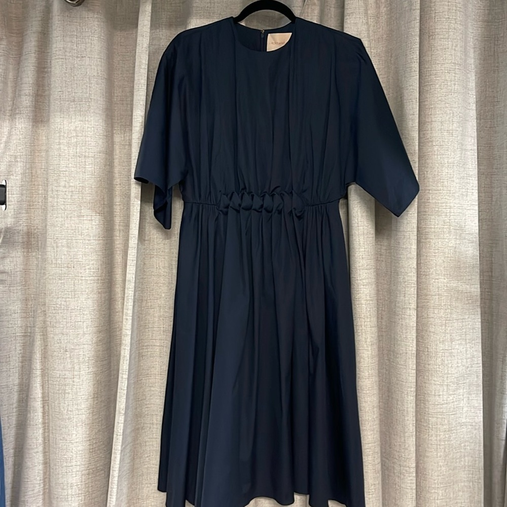 Roksanda Manu Gathered Cotton Poplin Midi Dress in Navy